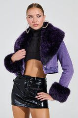 GISELE CROPPED FUR TRIM DENIM JACKET IN PURPLE