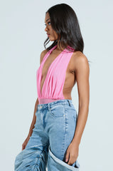 PAXTON SEXY RUCHED PLUNGE MESH HALTER BODYSUIT IN PINK