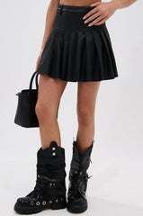 RIO PLEATED FAUX LEATHER MINI SKIRT WITH 4 WAY STRETCH