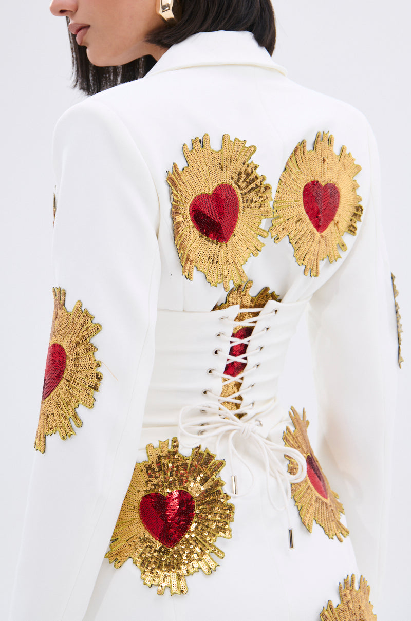 GLISTENING IN GOLD BLAZER DRESS IN WHITE