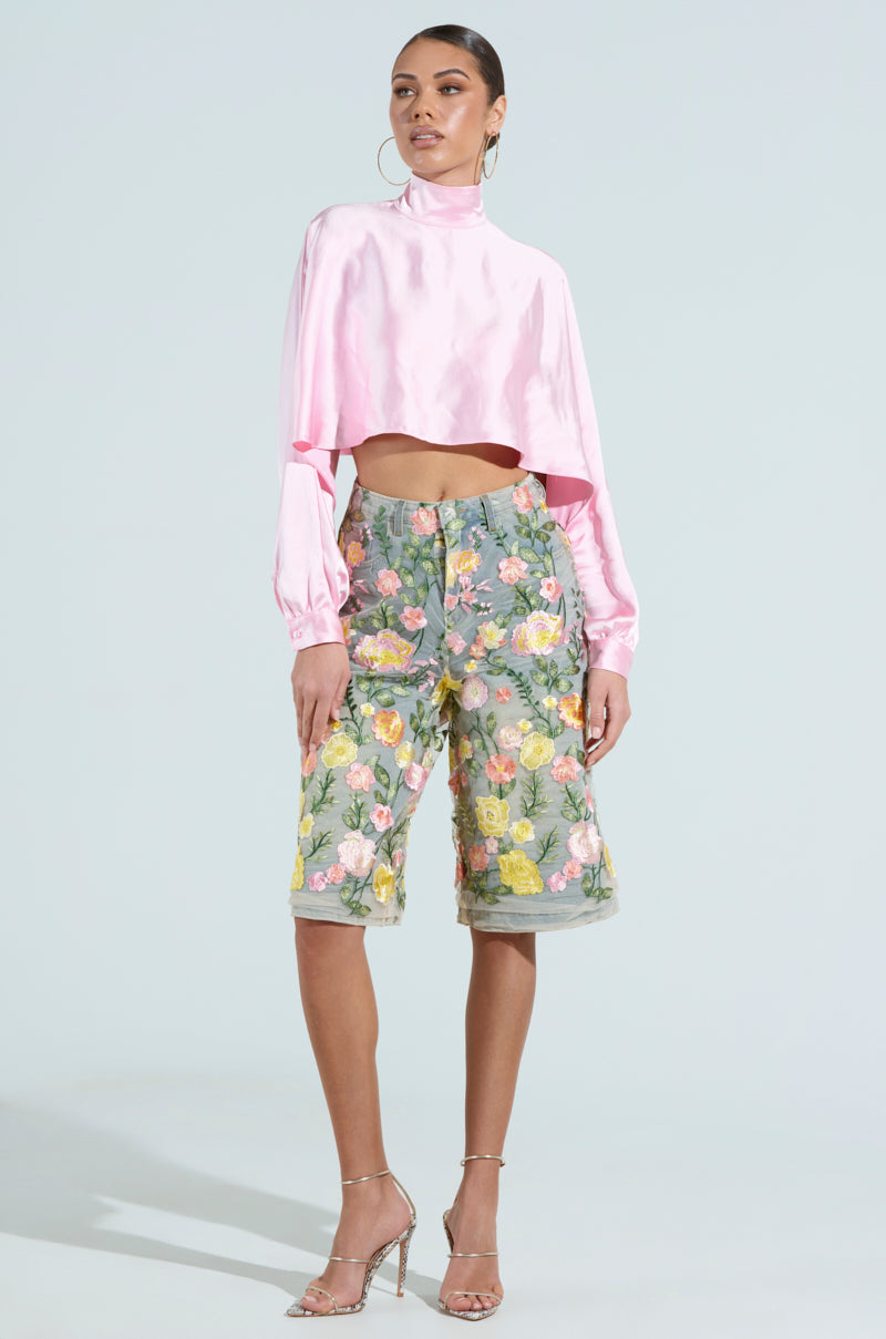 GARDEN PARTY STRETCH DENIM WITH FLORAL TULLE BERMUDA SHORTS