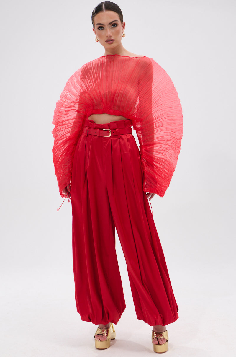 FORTUNE'S FAVORITE SATIN BELTED BALLOON PANT IN RED