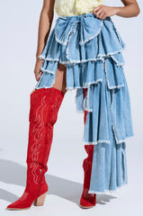 DISTRESSED TIERED ASYMMETRIC MIDI SKIRT