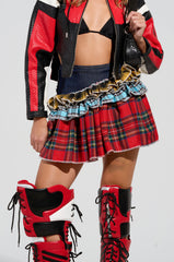 CALL ME BACK DENIM SKIRT WITH PLAID DETAIL