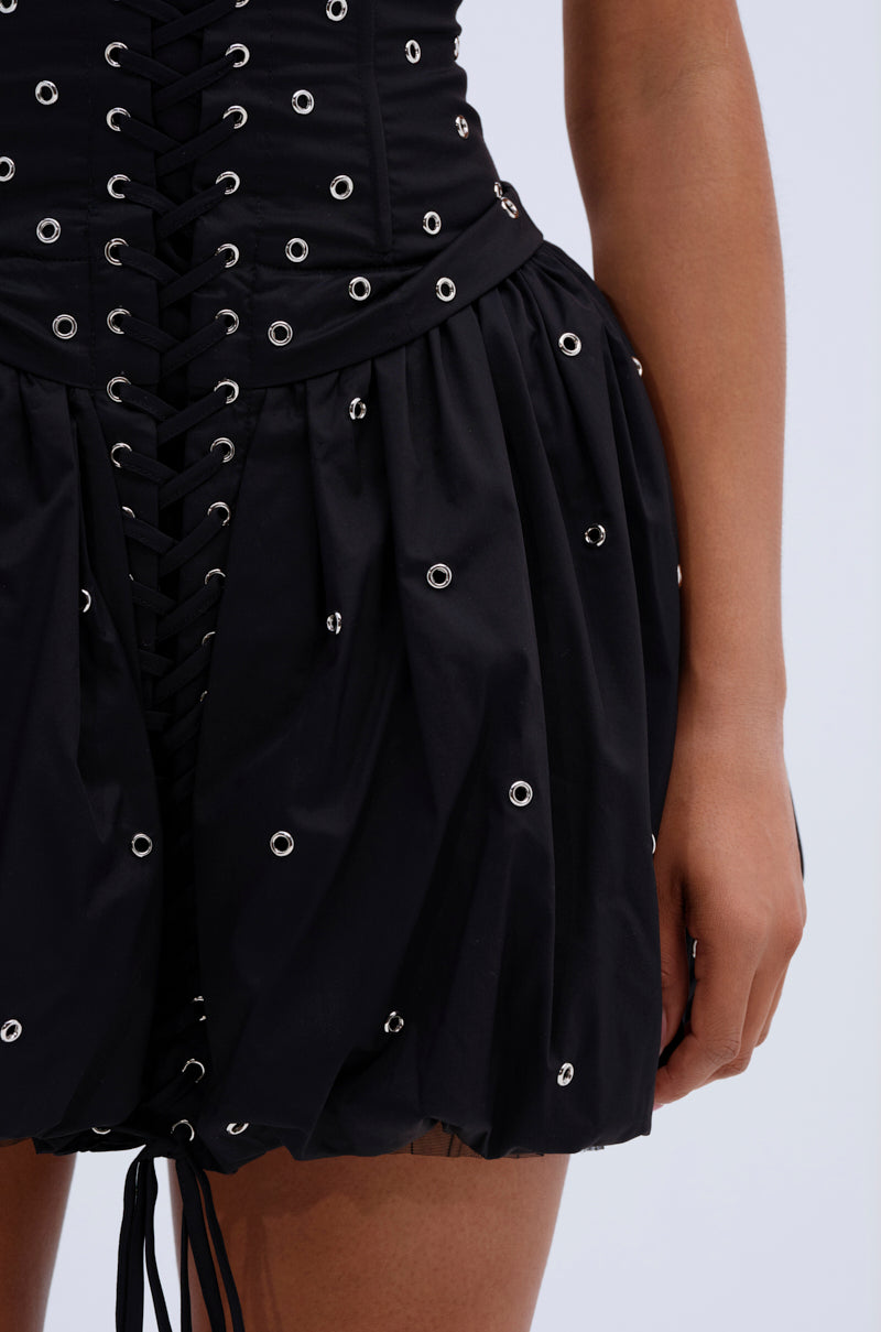 ON THE EDGE BUBBLE MINI DRESS WITH GROMMETS