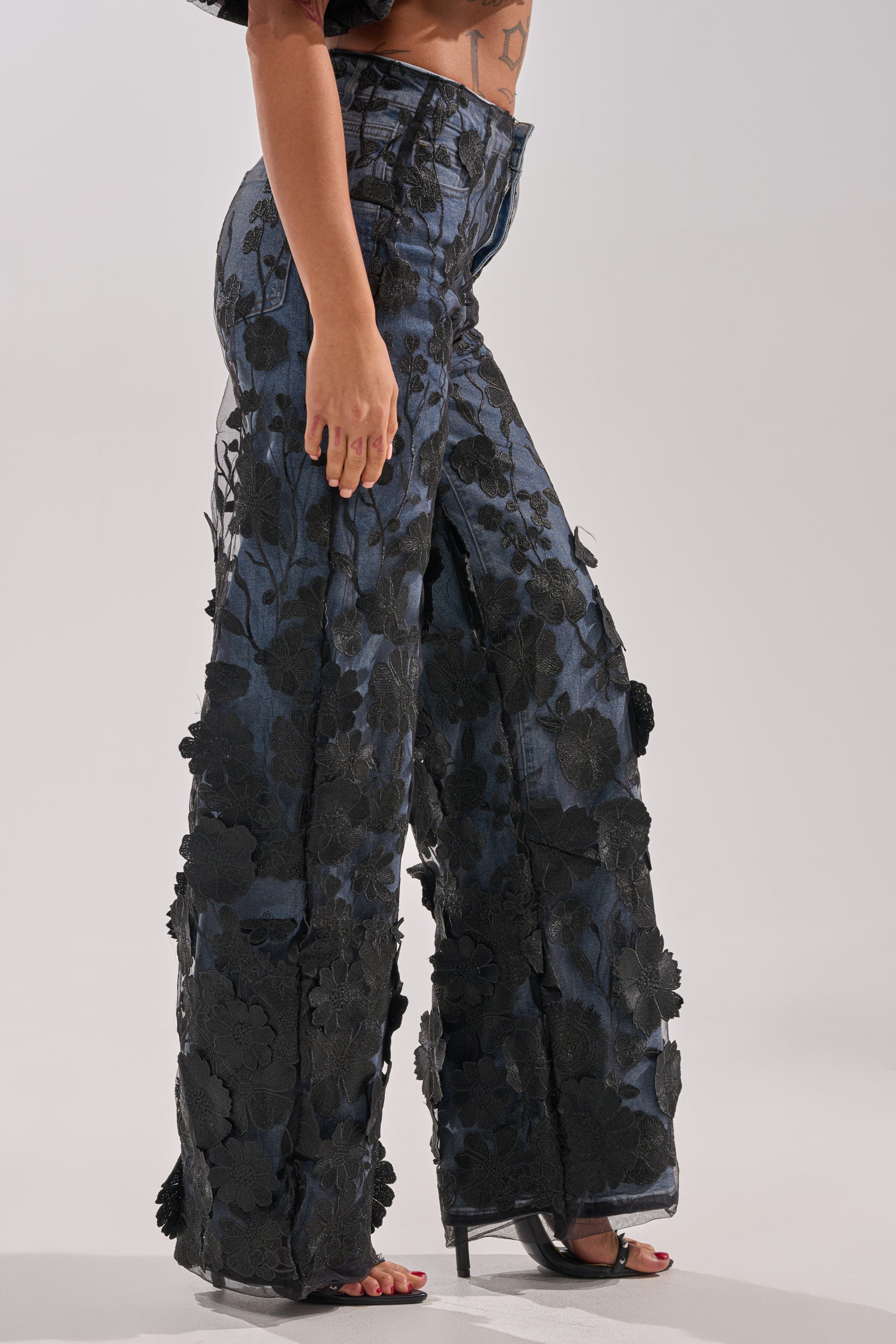 DONT GIVE UP RELAXED DENIM WITH TULLE OVERLAY