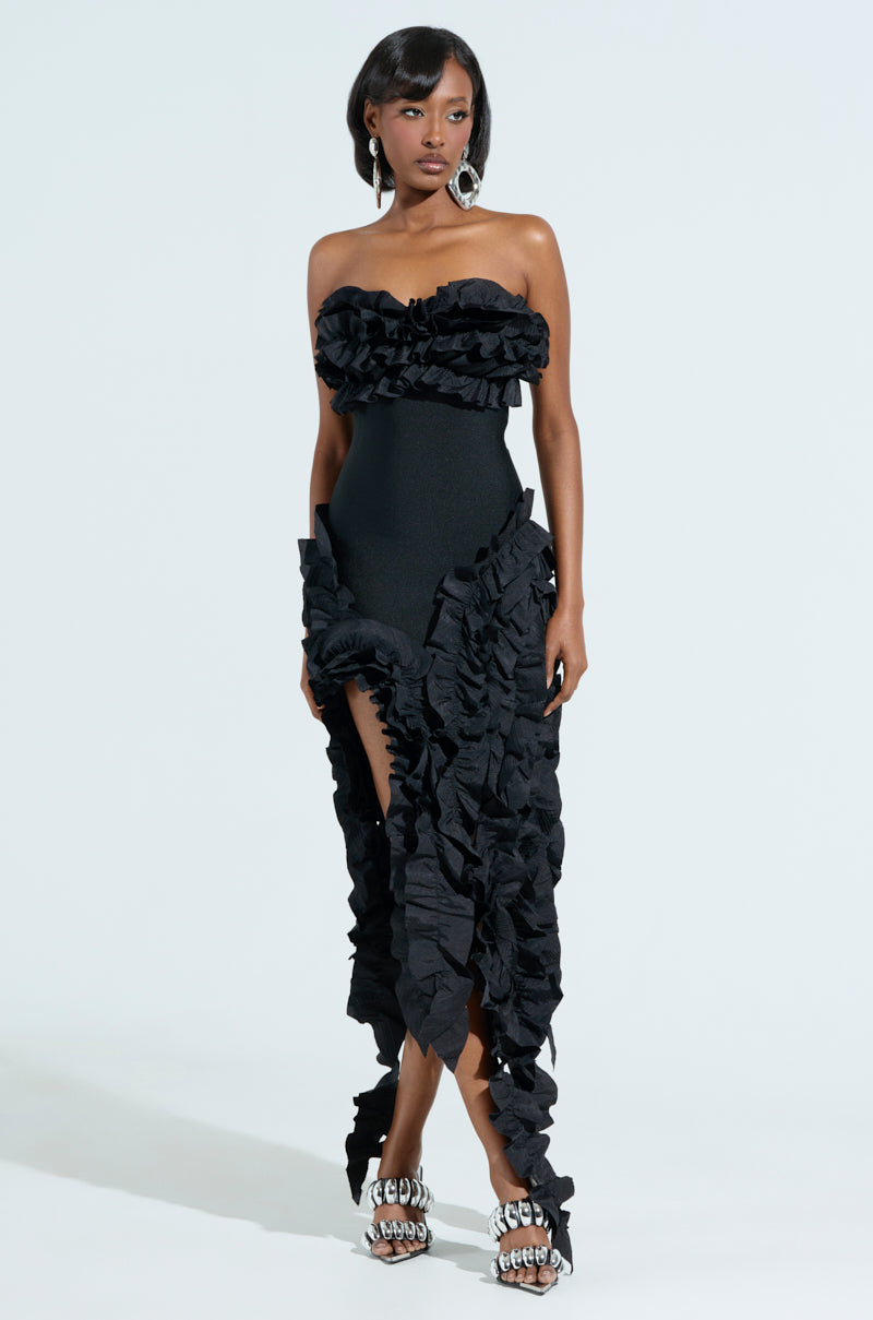 CITY LIGHTS RUFFLE MIDI DRESS