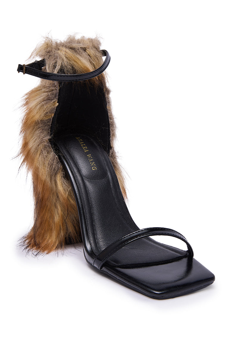 AZALEA WANG ARETTE BLACK SANDAL WITH BROWN FUR