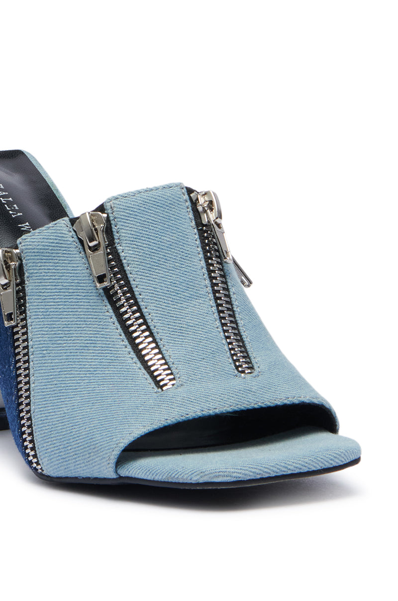 AZALEA WANG CORABEL DENIM AND ZIPPERS CIRCLE HEEL SANDAL