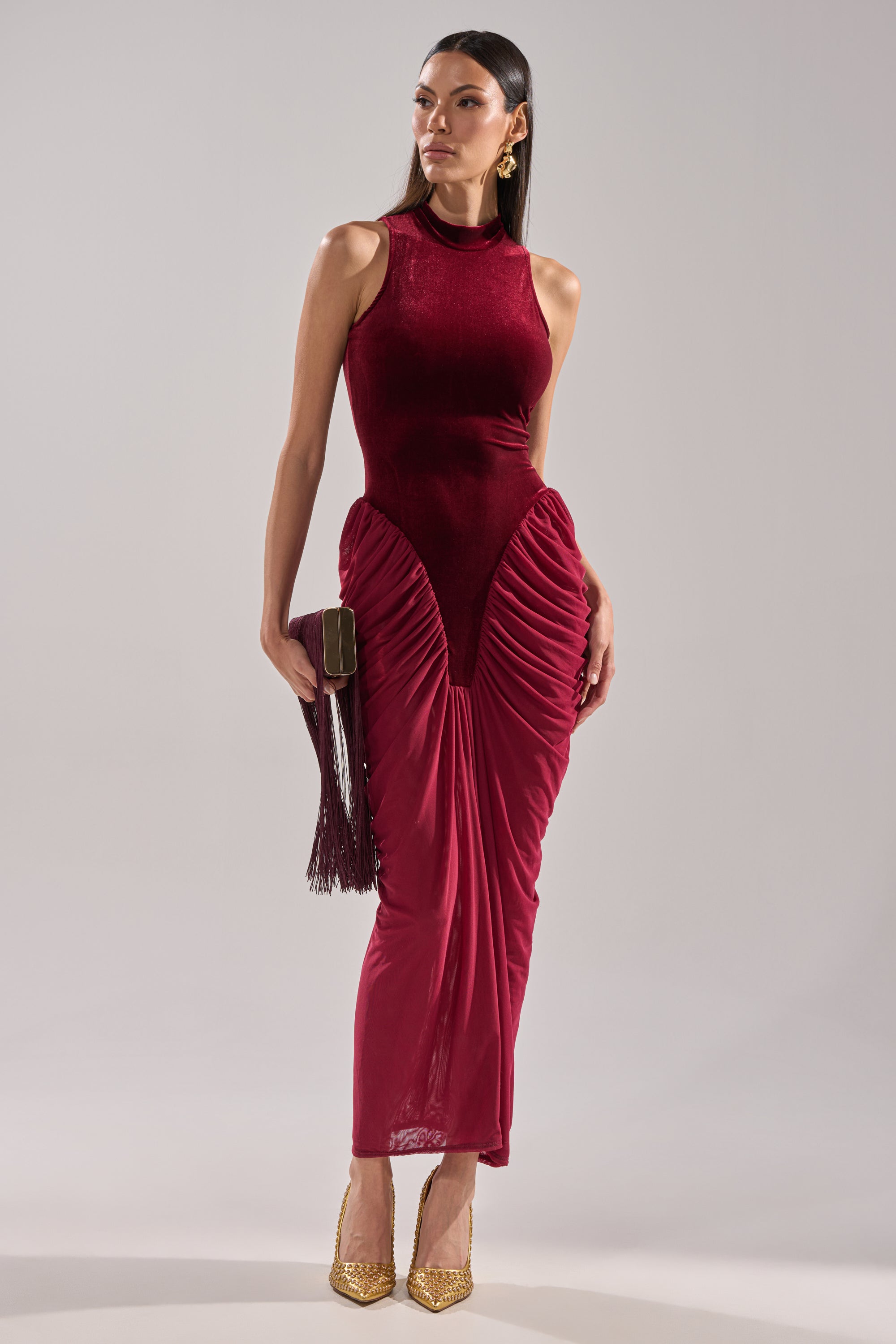 BABY ITS COLD OUTSIDE VELVET RUCHED MAXI DRESS