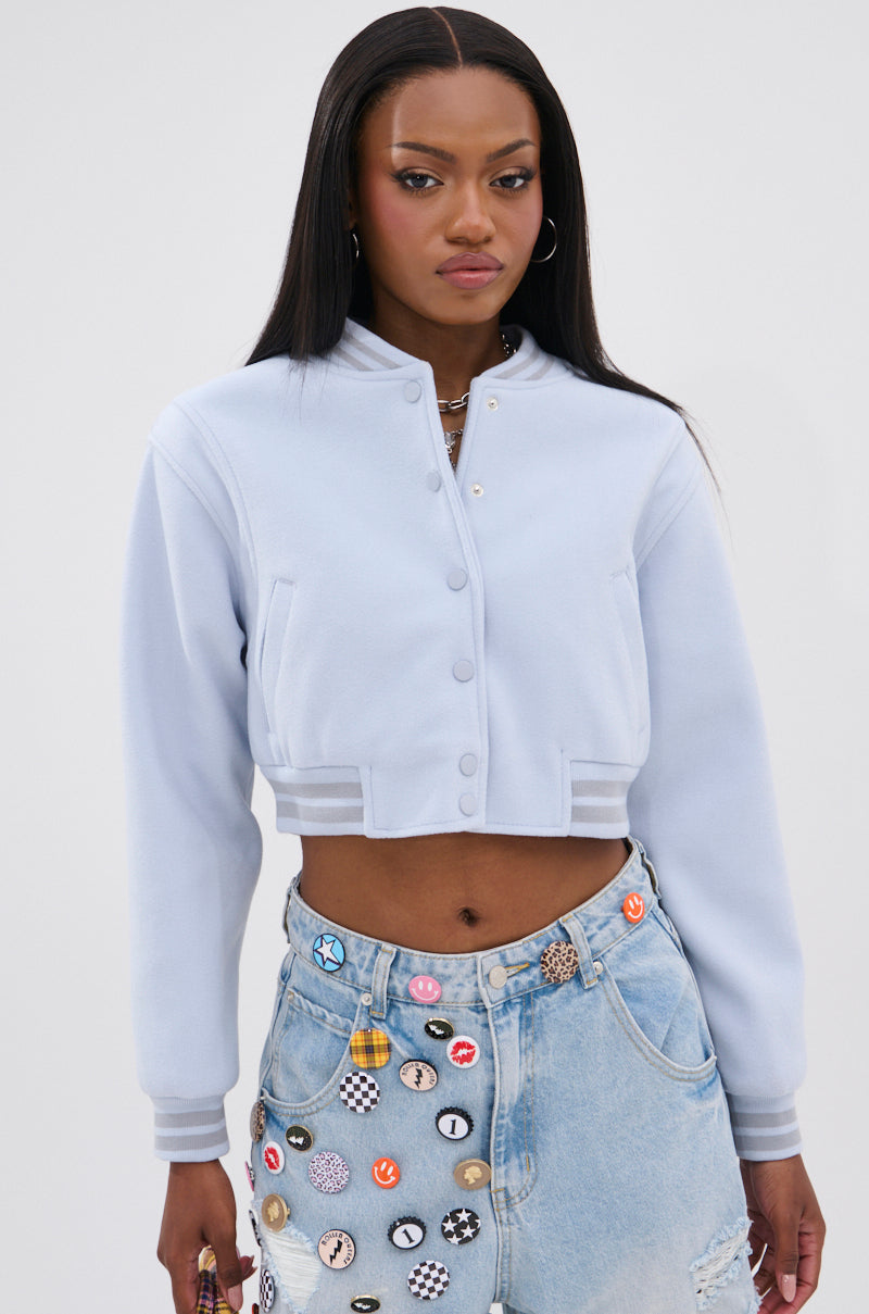 DAVIS EVERYDAY VARSITY BOMBER IN LIGHT BLUE