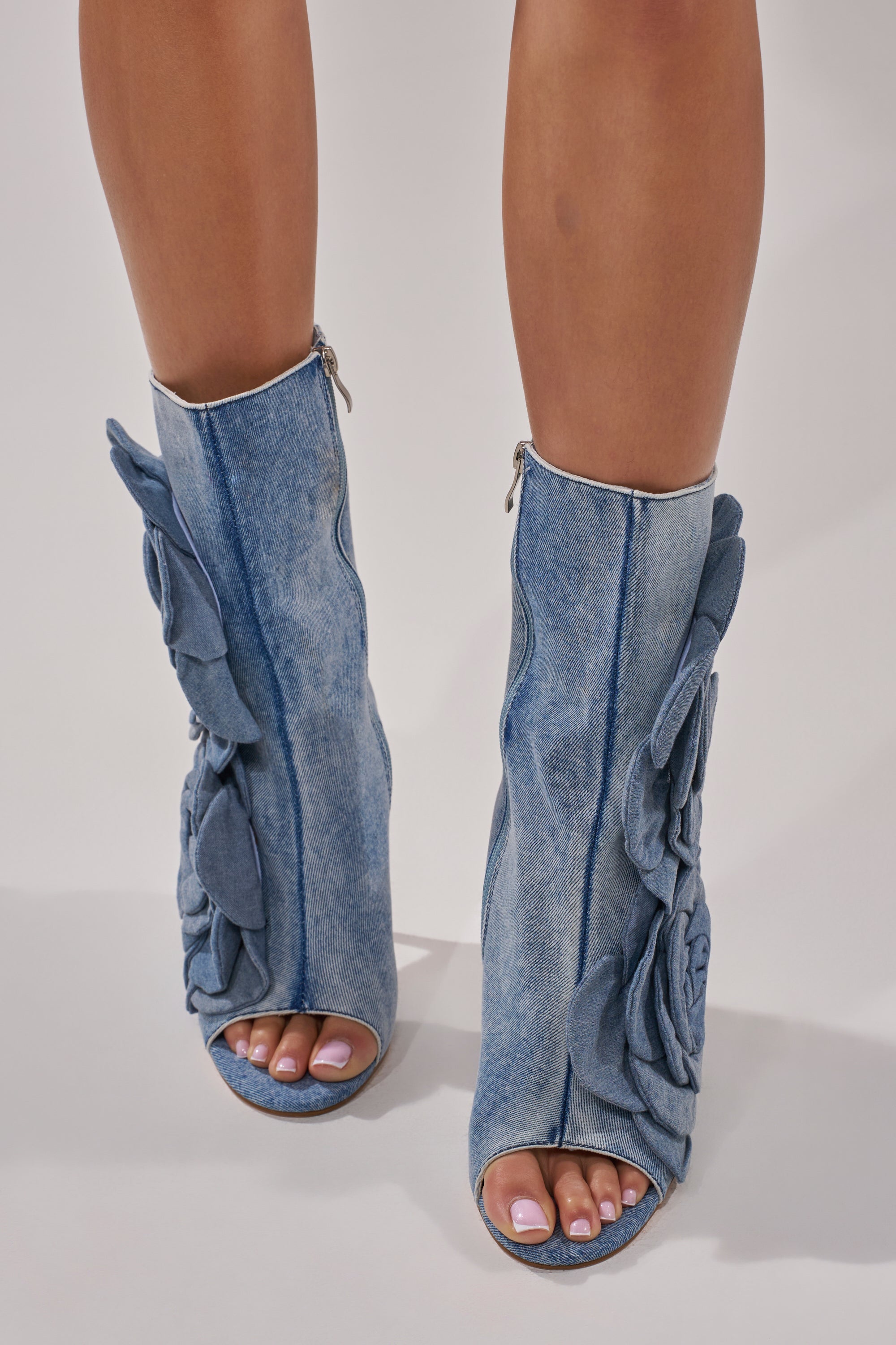 AZALEA WANG DELMARE DENIM FLORAL OPEN TOE BOOTIE