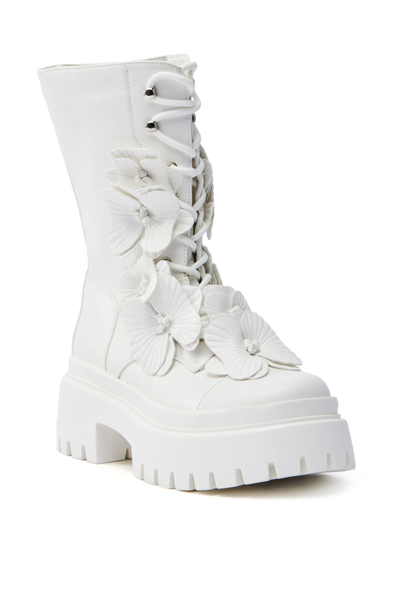 AZALEA WANG DEVOIR WHITE FLOWER EMBELLISHED COMBAT BOOTIE