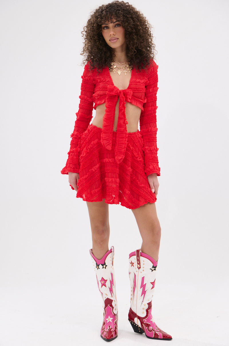 GIMME MORE TIE FRONT SLINKY BLOUSE IN RED