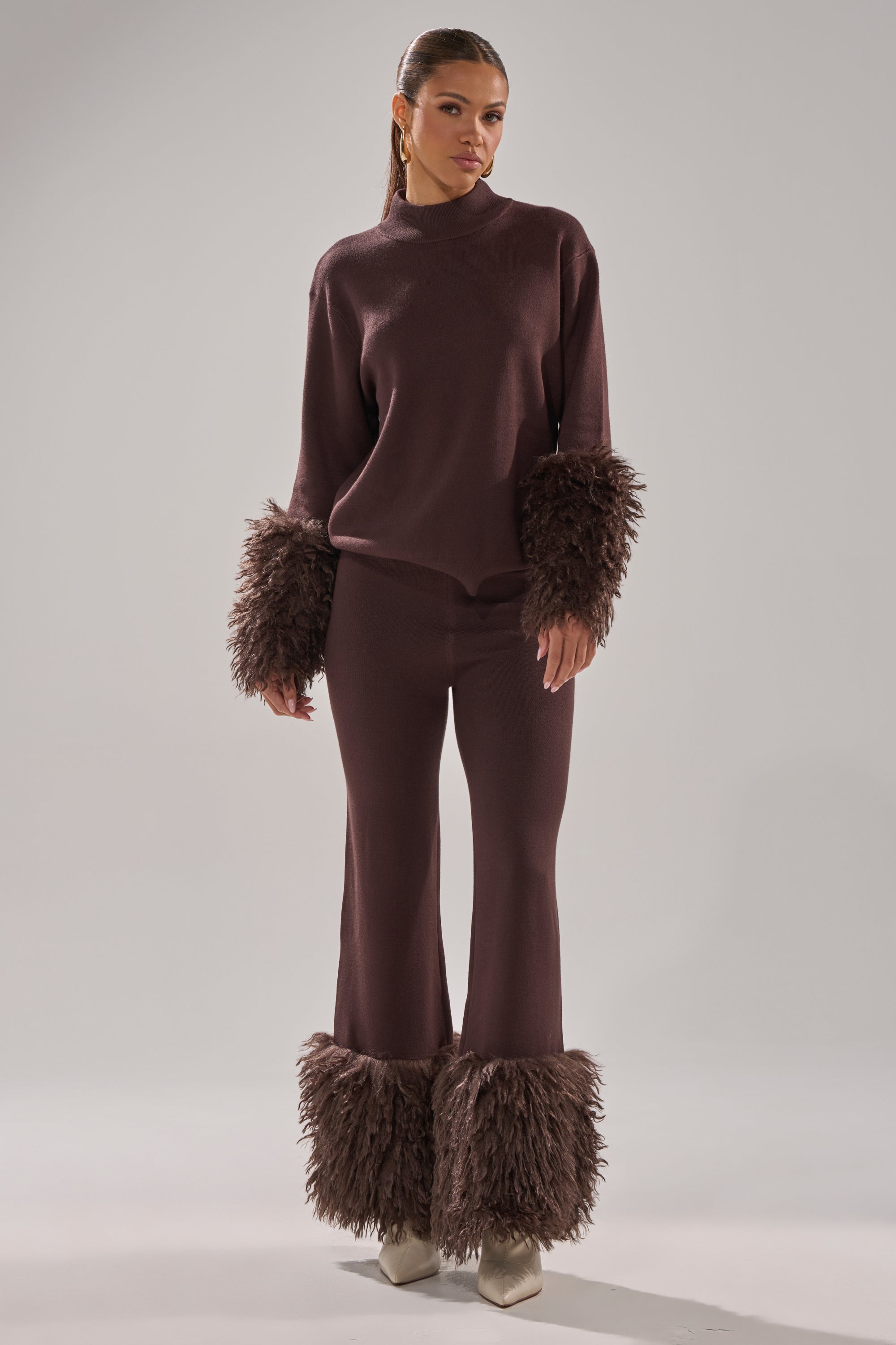 COZY VIBES SWEATER PANT WITH FUR CUFF IN BROWN