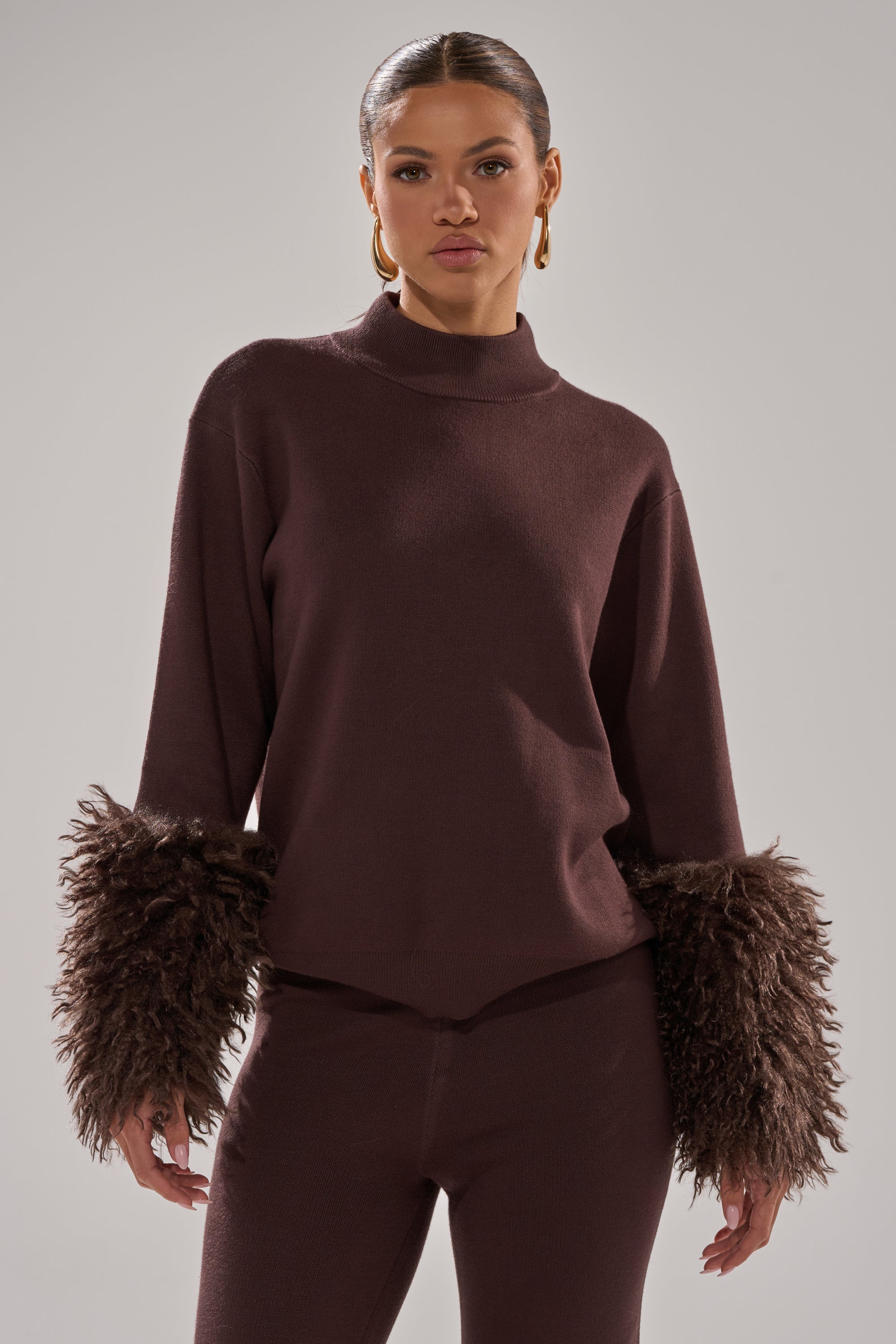 COZY VIBES SWEATER WITH FUR CUFF IN BROWN