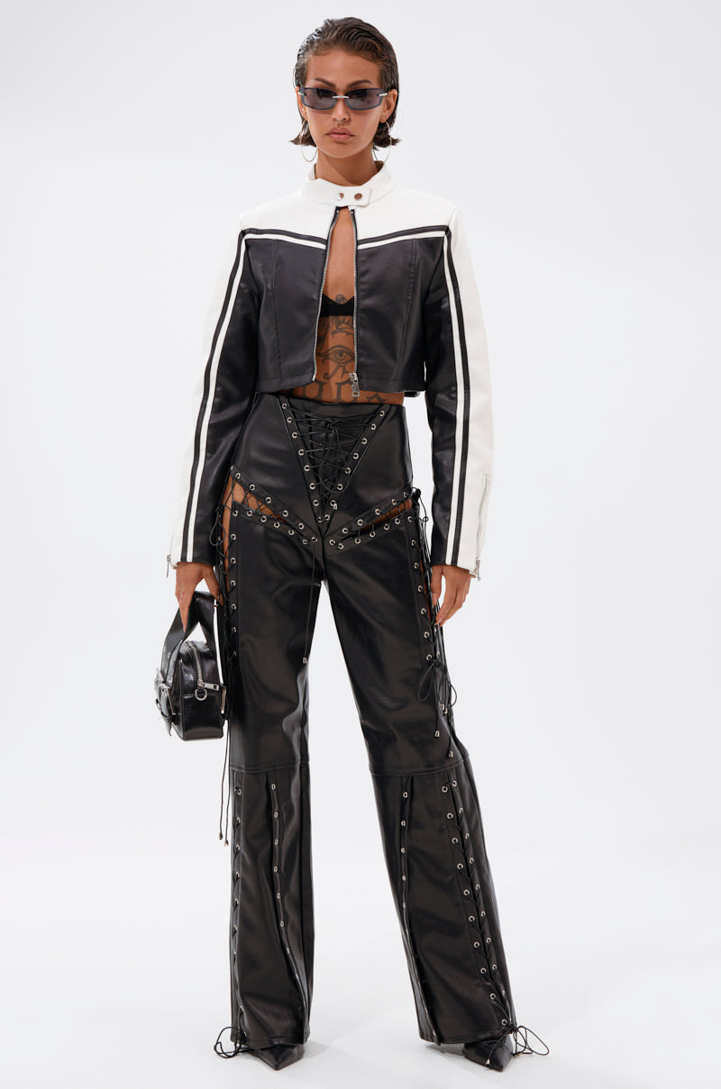 ROCK MY WORLD FAUX LEATHER LACE UP PANT