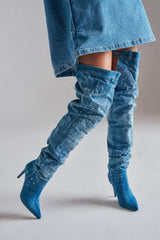 AZALEA WANG JEANNI DENIM SPLATTER PAINTED STILETTO BOOT