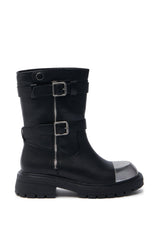 AZALEA WANG JENNINGS BLACK WITH METAL TOE FLAT BOOTIE