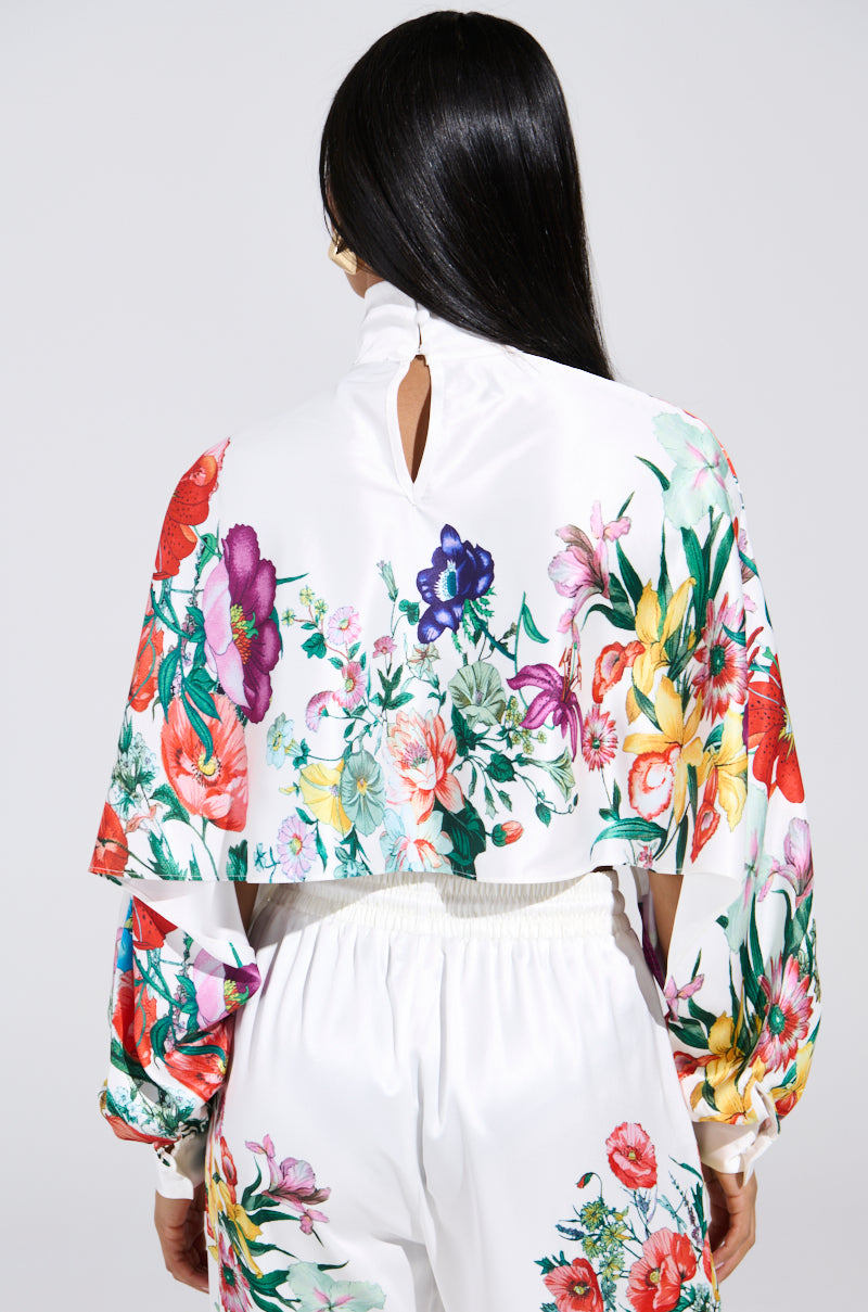 FULL BLOOM SATIN MOCK NECK BLOUSE IN WHITE