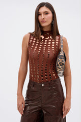 NOT MY FAULT SLEEVELESS BODYSUIT IN BROWN