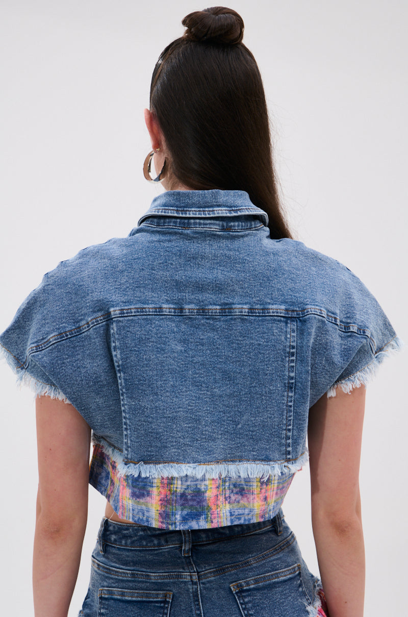 FULL OF LIFE DENIM BUTTON DOWN WITH PLAID DETAILS