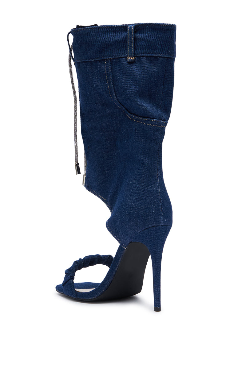 AZALEA WANG MYKEL DENIM GLADIATOR SANDAL WITH RHINESTONE LACE