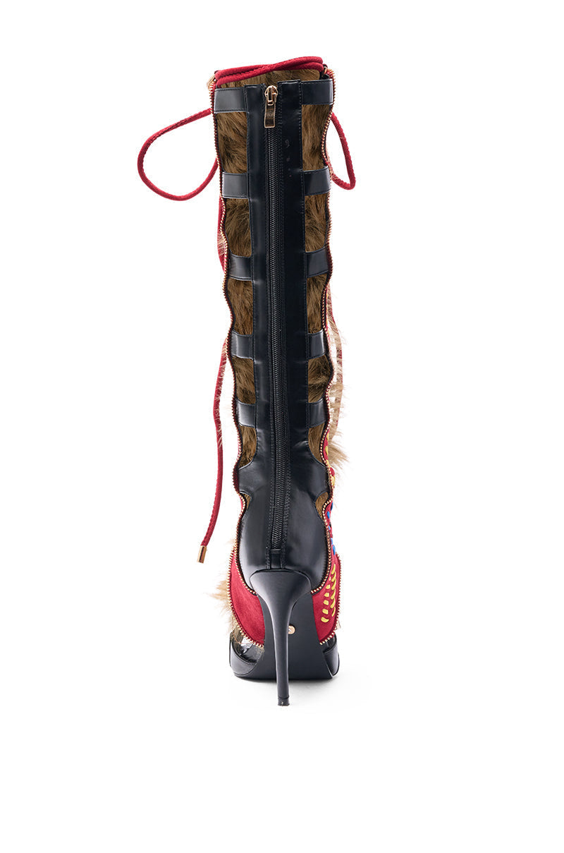 AZALEA WANG SHAINE BLACK MULTI GLADIATOR STITCH AND FUR SANDAL