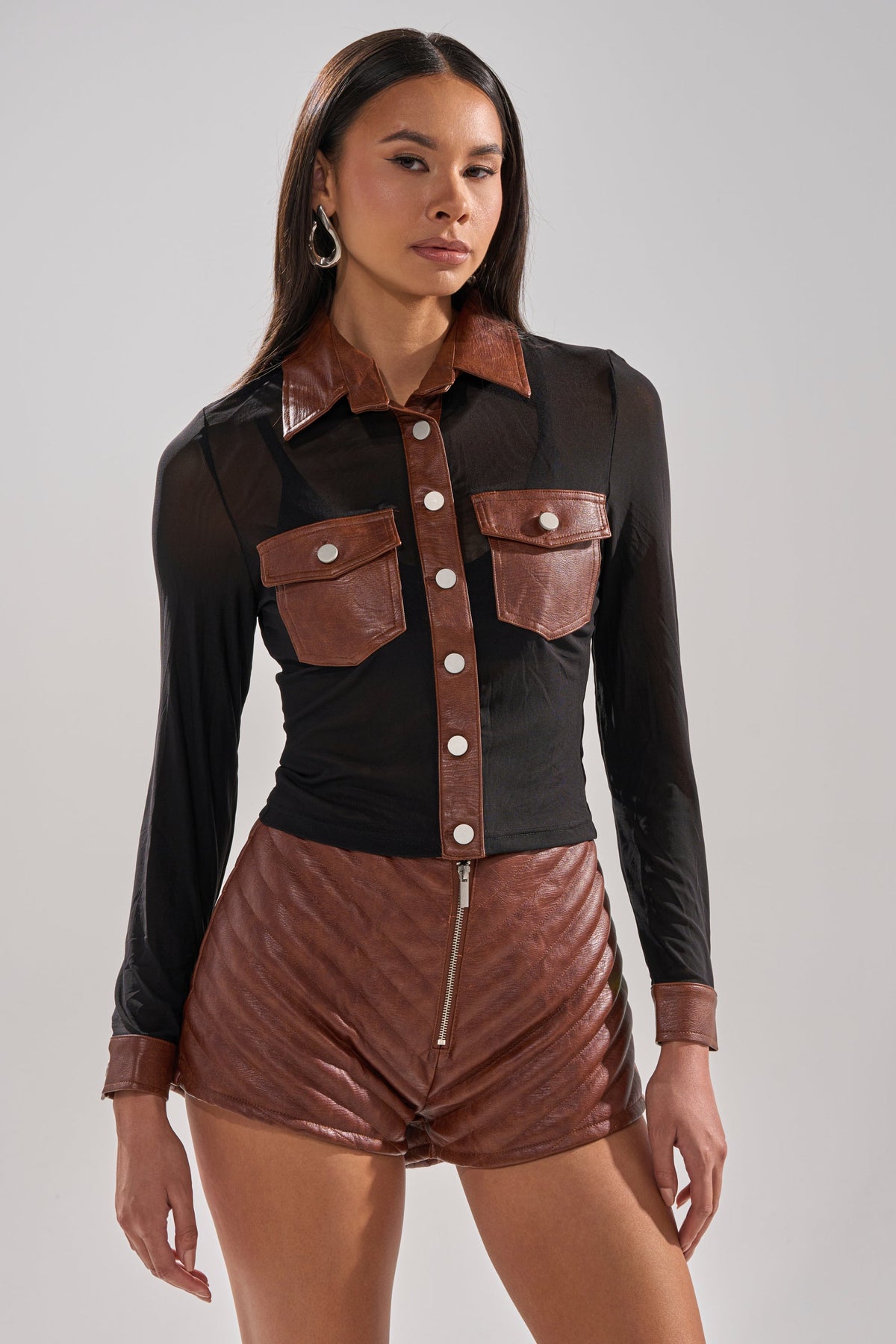 GALAXY MESH BUTTON DOWN WITH FAUX LEATHER TRIM