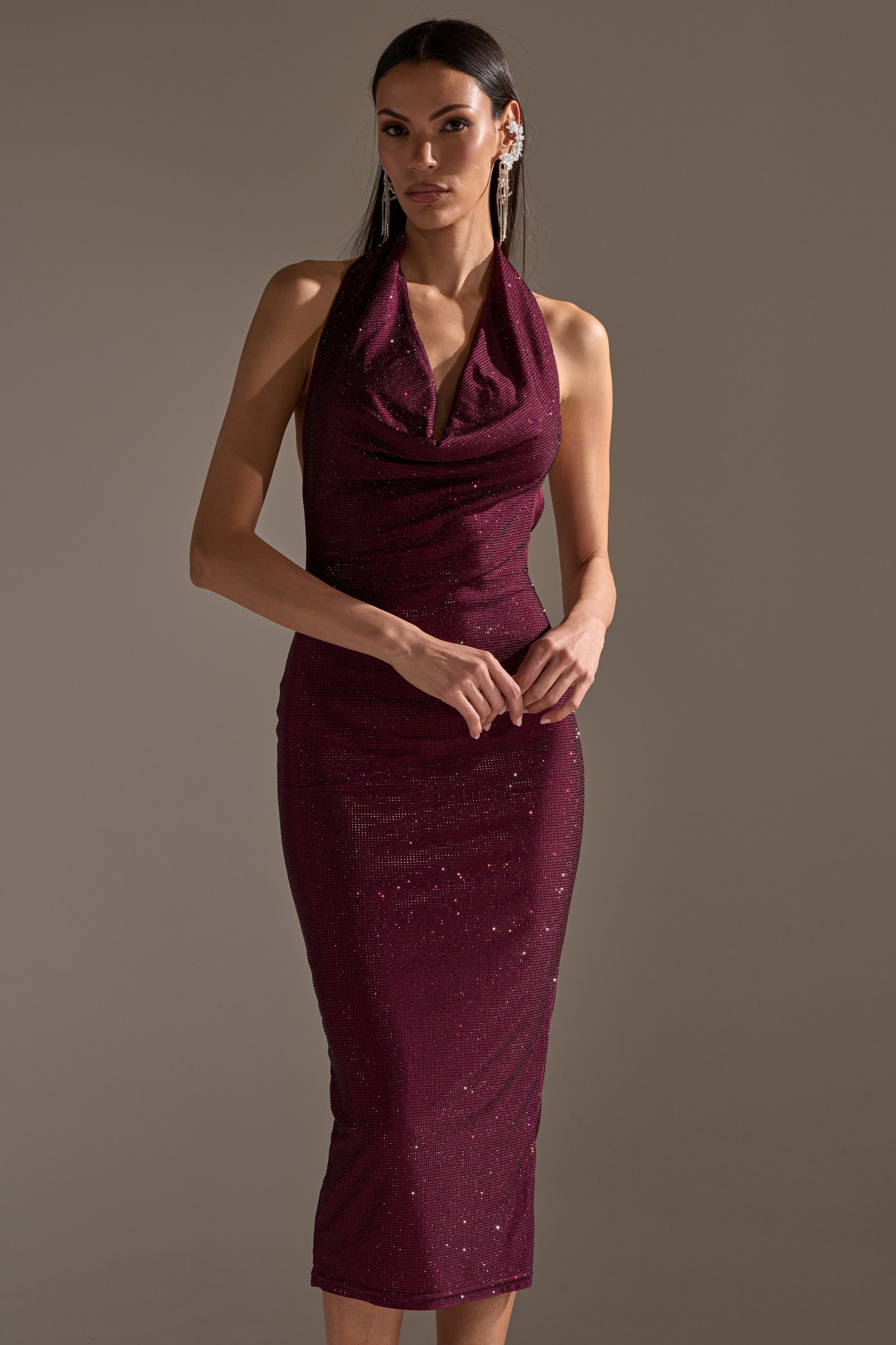 POPPIN' BOTTLES RHINESTONE MAXI DRESS IN PURPLE