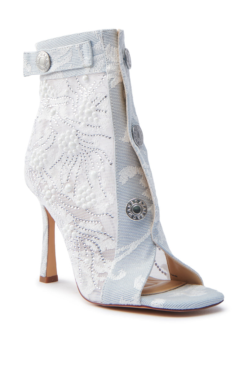 AZALEA WANG TANDY BLUE DENIM OPEN TOE EMBELLISHED BOOTIE