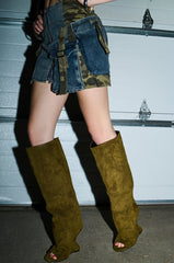 AZALEA WANG VINCENT OLIVE FAUX SUDED OPEN TOE WEDGE BOOT