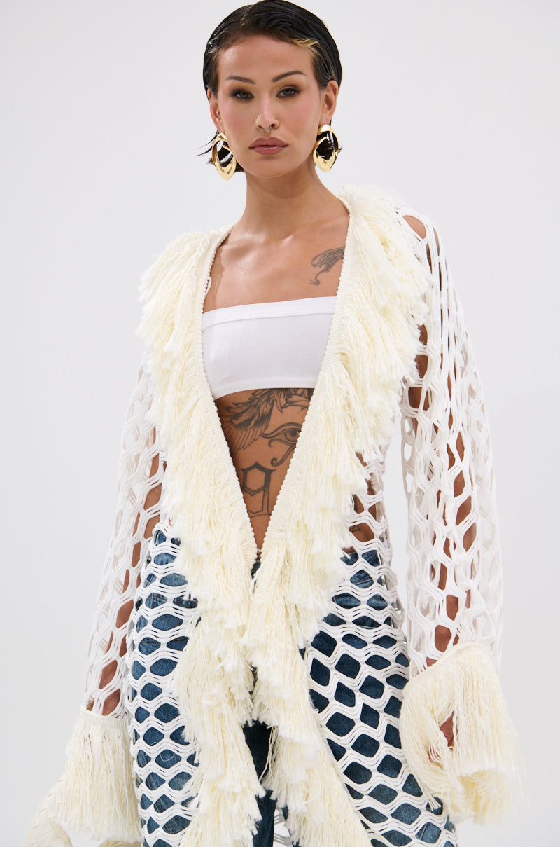 BORN LIKE THIS FRINGE DETAIL LONG CARDIGAN