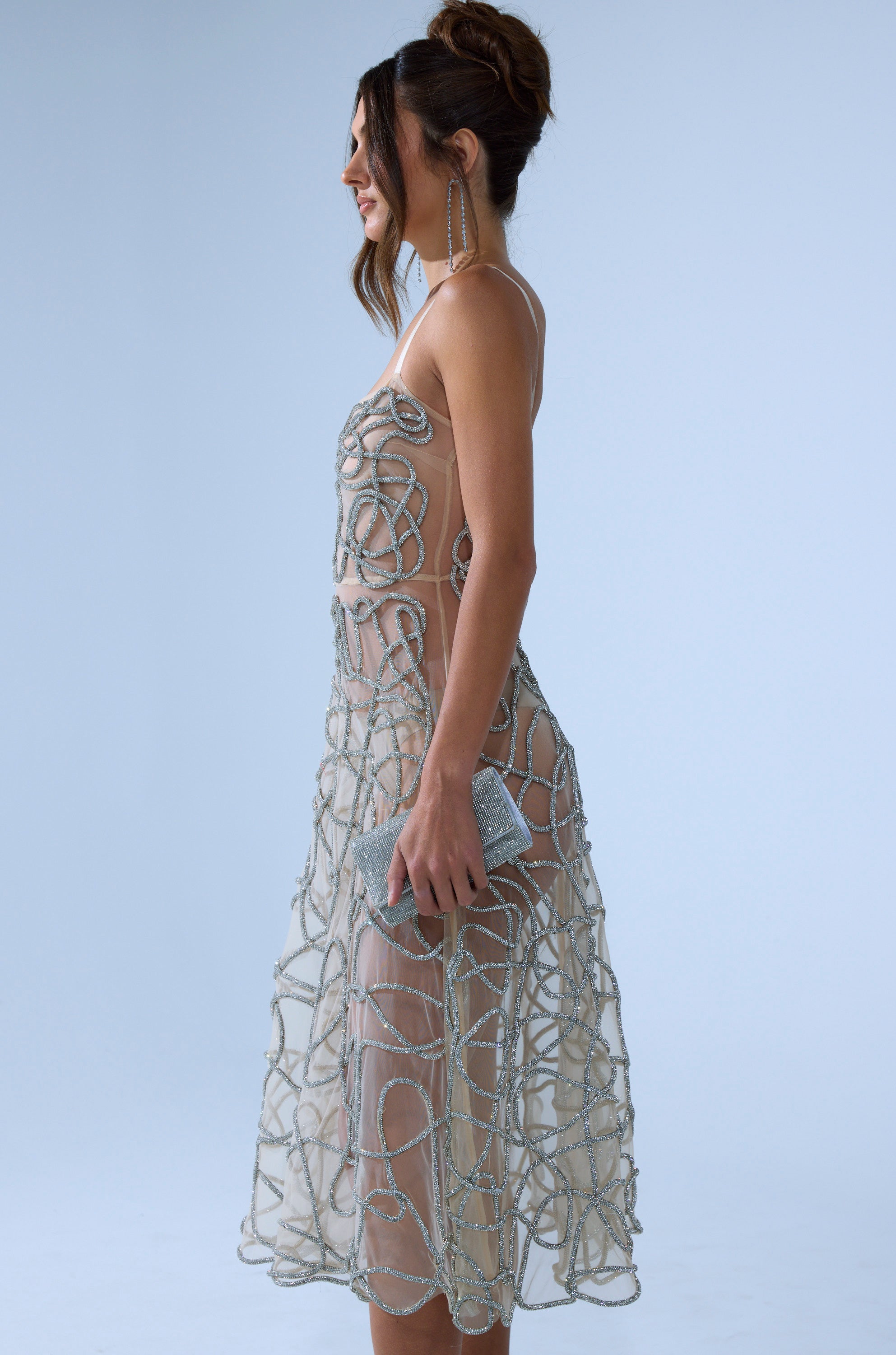 RIGHT THIS WAY RHINESTONE MIDI DRESS IN NUDE