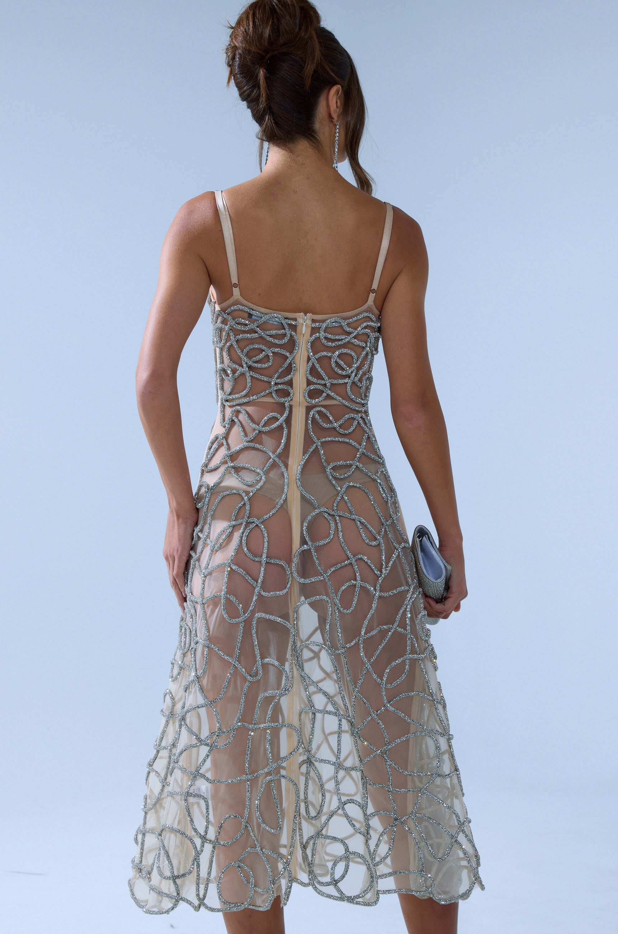 RIGHT THIS WAY RHINESTONE MIDI DRESS IN NUDE
