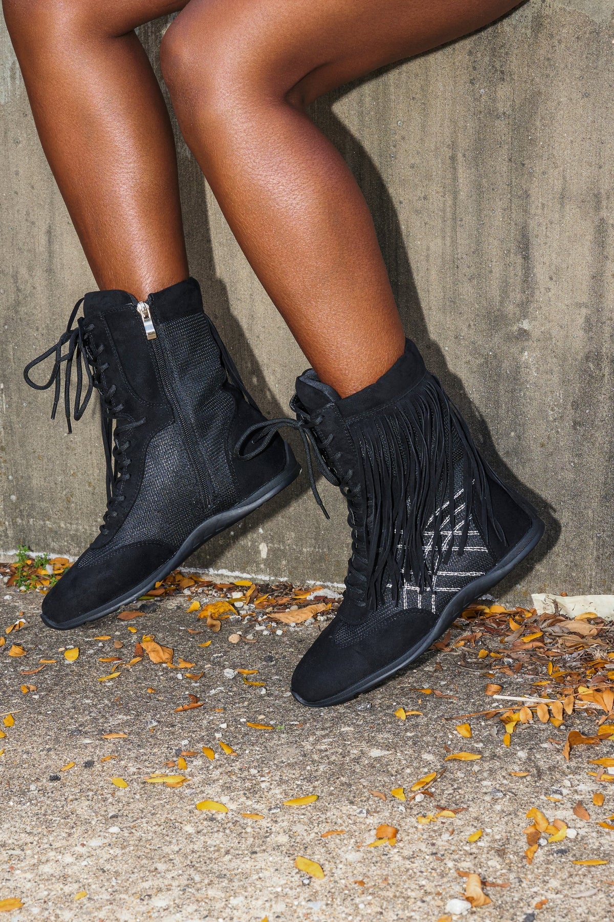 AZALEA WANG ZITHER BLACK FLAT FRINGE BOOTIE