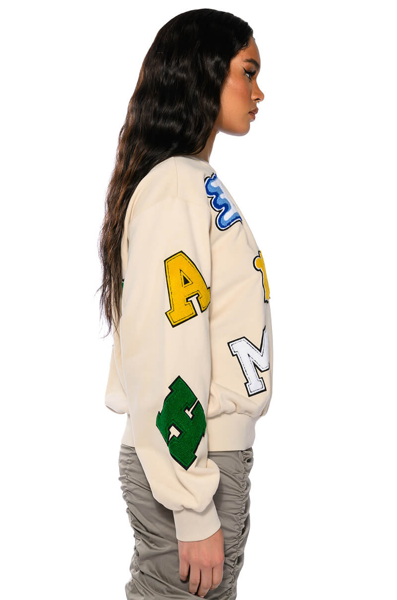 ABCDEFU PATCHWORK CREW NECK PULL OVER