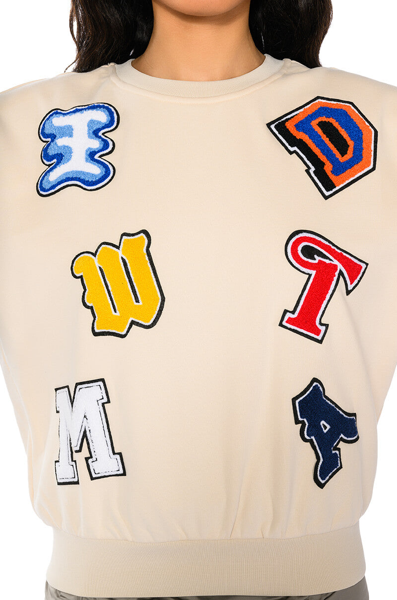 ABCDEFU PATCHWORK CREW NECK PULL OVER
