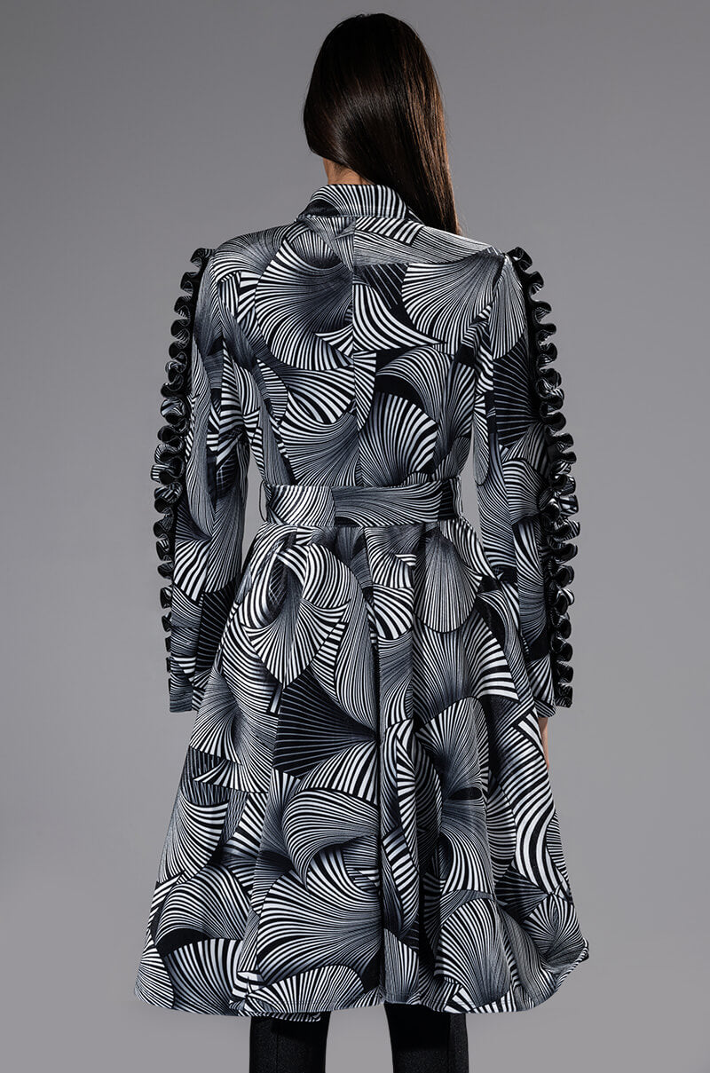 ABSTRACT PRINT BELTED LONG SLEEVE MINI DRESS