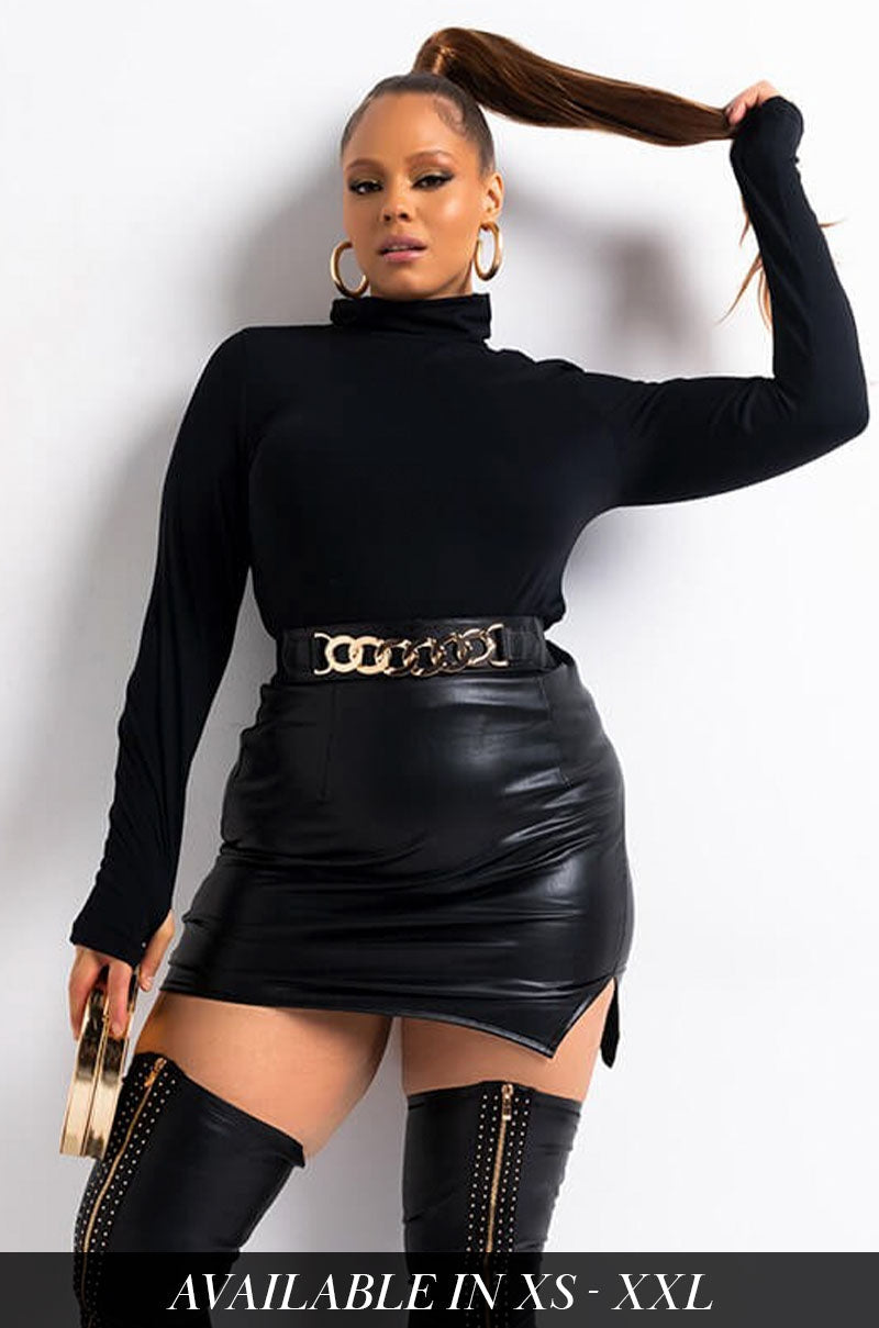 EVERYBODY BUT ME FAUX LEATHER MINI SKIRT WITH 4 WAY STRETCH