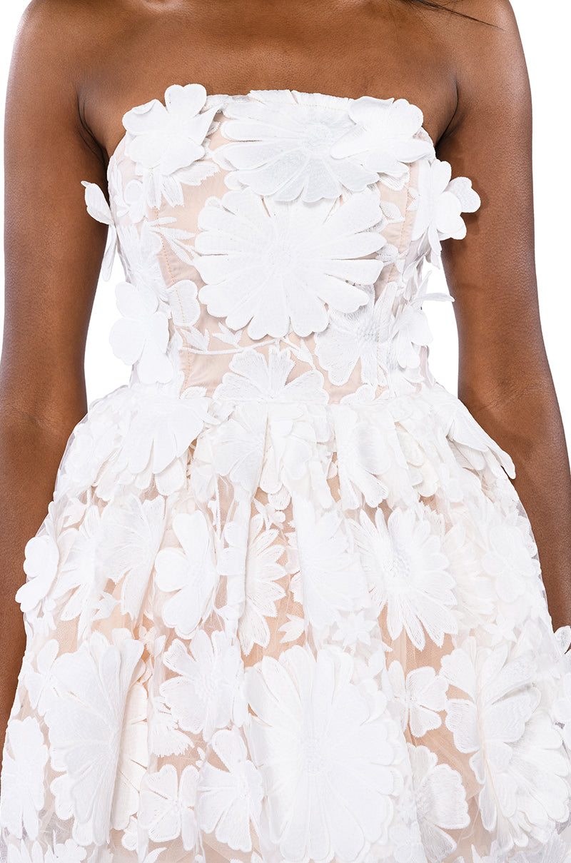 ANGEL ENERGY STRAPLESS FLORAL FIT AND FLARE MINI DRESS