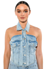 ANGELICA DENIM BUTTON DOWN COLLAR CORSET TOP