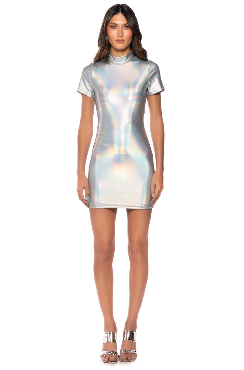 ASTRID MOCK NECK SHORT SLEEVE METALLIC MINI DRESS