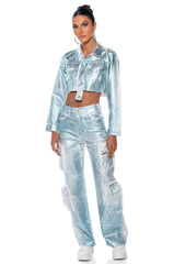 AUBREY BRUSHED METALLIC CROPPED DENIM JACKET