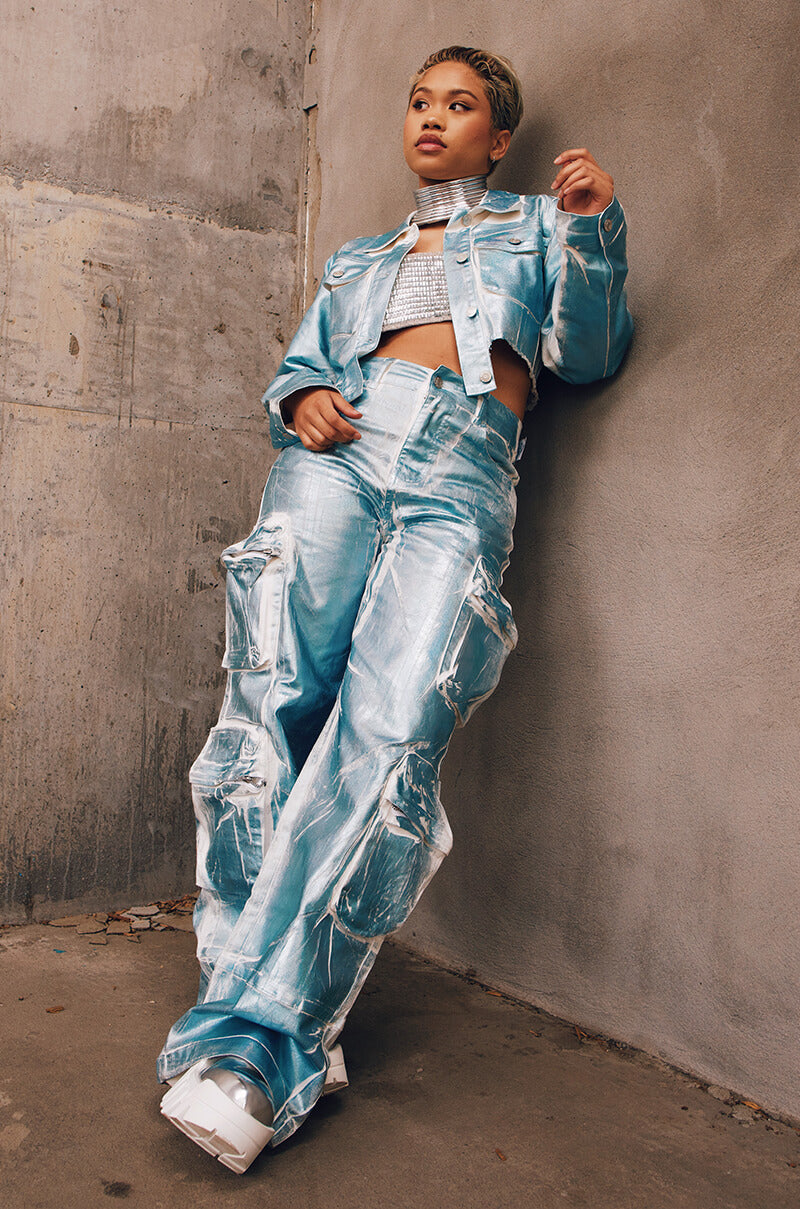 AUBREY BRUSHED METALLIC WIDE LEG CARGO JEANS