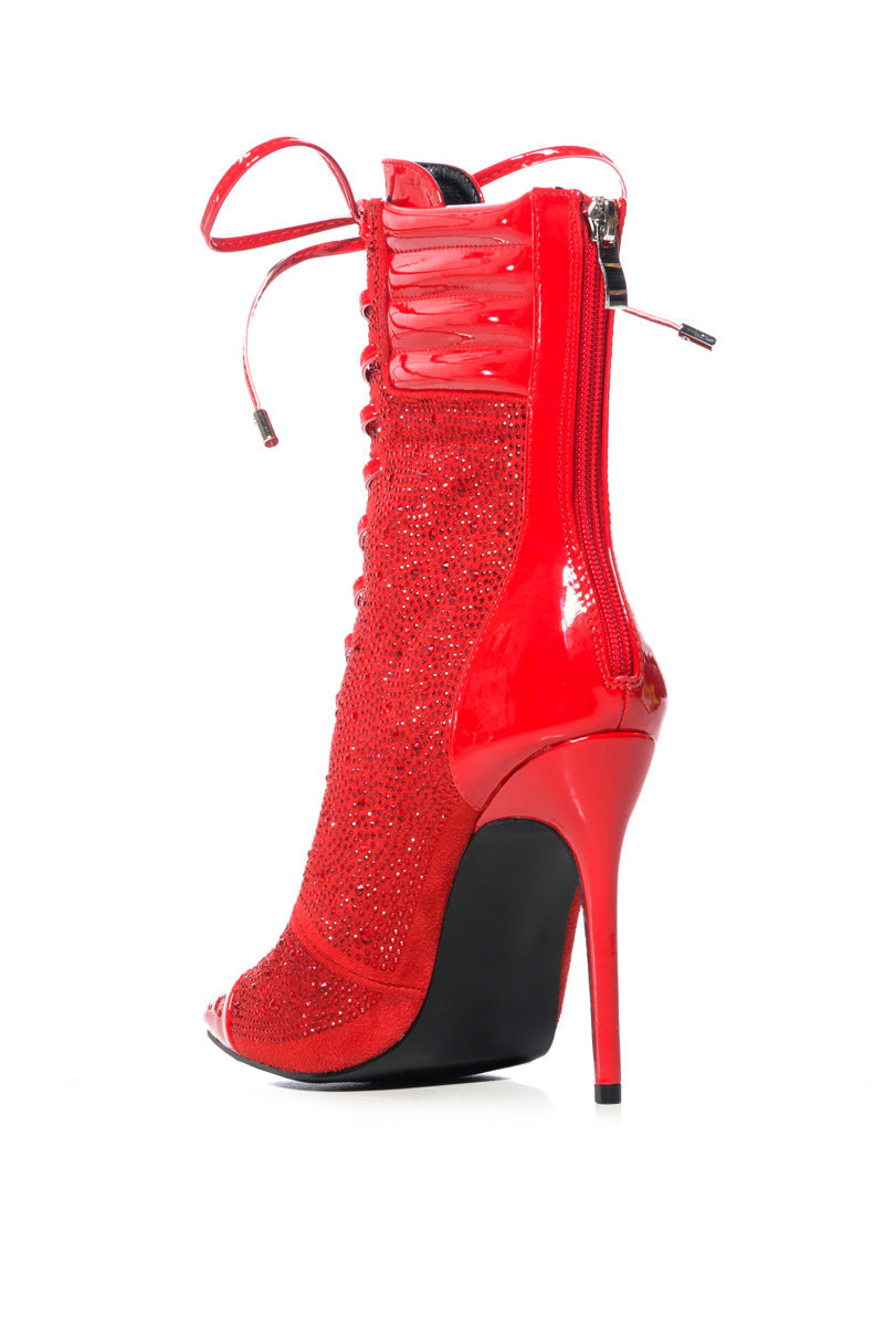 AZALEA WANG FIREFLAME EMBELLISHED BOOTIE IN RED