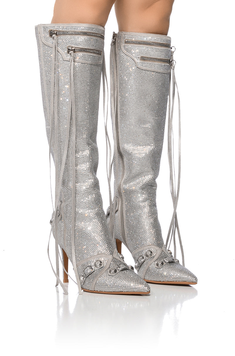 AZALEA WANG MAEVE STILETTO BOOT IN EMBELLISHED SILVER