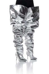 AZALEA WANG NEMY SILVER KITTEN HEEL THIGH HIGH BOOT