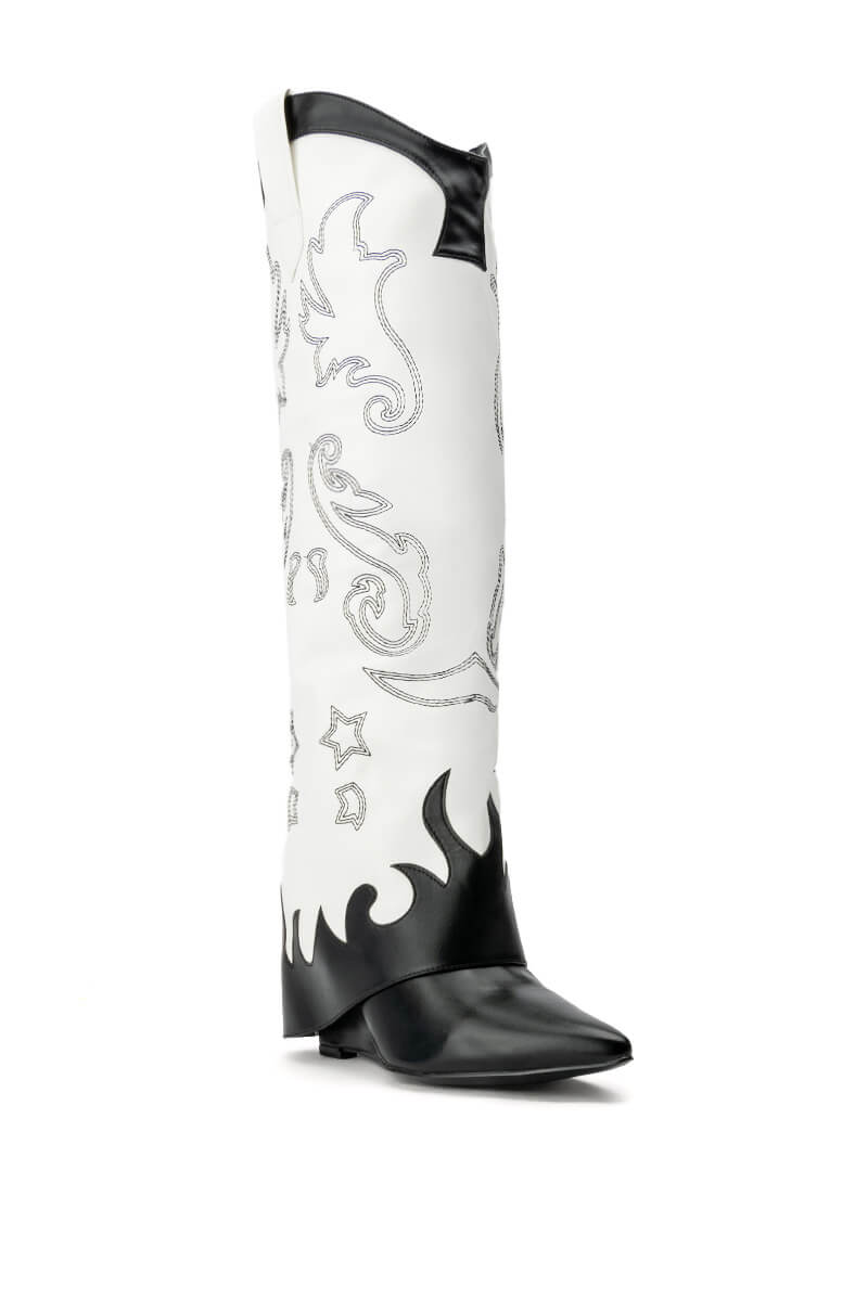 AZALEA WANG OUTLAND WESTERN WEDGE BOOT IN BLACK WHITE