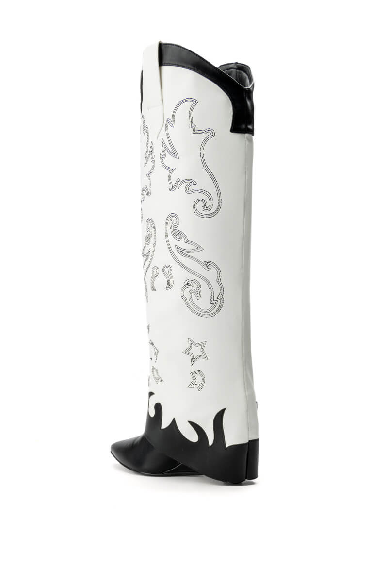 AZALEA WANG OUTLAND WESTERN WEDGE BOOT IN BLACK WHITE